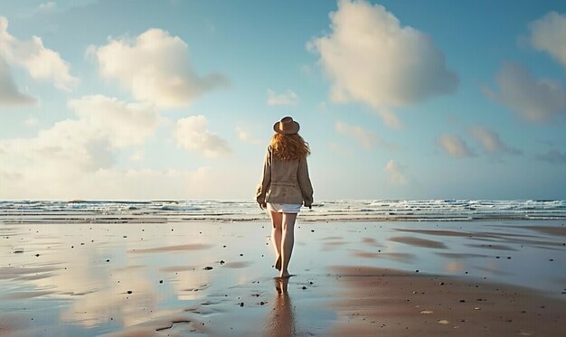 Uma jovem caminha sozinha pela praia.