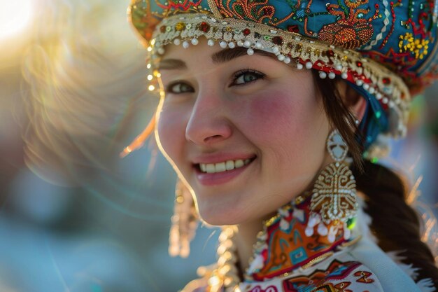 Uma jovem cazaque alegre e bonita vestida com trajes tradicionais comemorando o Nowruz