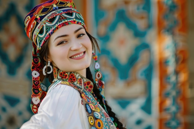 Uma jovem cazaque alegre e bonita vestida com trajes tradicionais comemorando o Nowruz