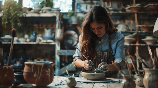 Foto uma jovem ceramista está trabalhando em uma nova peça de cerâmica em seu estúdio. ela está cuidadosamente adicionando esmalte azul à tigela que está criando.