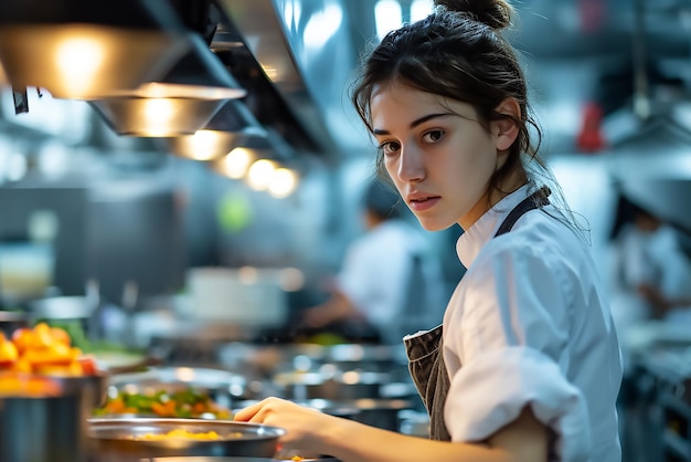 Foto uma jovem chef profissional trabalhando na cozinha