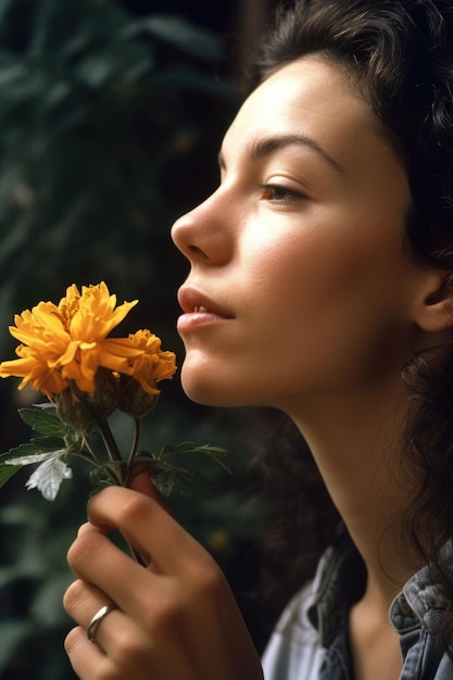 Foto uma jovem cheirando uma flor criada com ia generativa