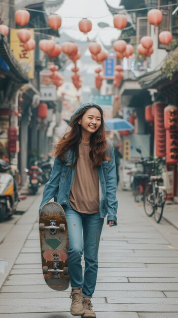 Uma jovem chinesa asiática alegre atravessa a estrada enquanto carrega um skate em uma cidade antiga que irradia uma sensação de felicidade e vitalidade urbana