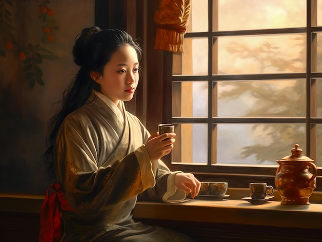 Uma jovem chinesa em um quimono tradicional bebe chá em um interior chinês