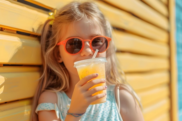 Uma jovem chique usando óculos de sol gosta de um smoothie legal conceito estilo de vida moda verão diversão refrescante bebida estilo casual