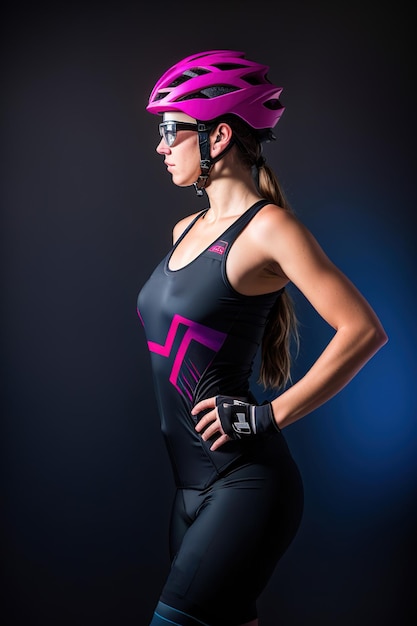 Uma jovem ciclista feminina usando um capacete de segurança e óculos vestidos com uma pose de bermuda