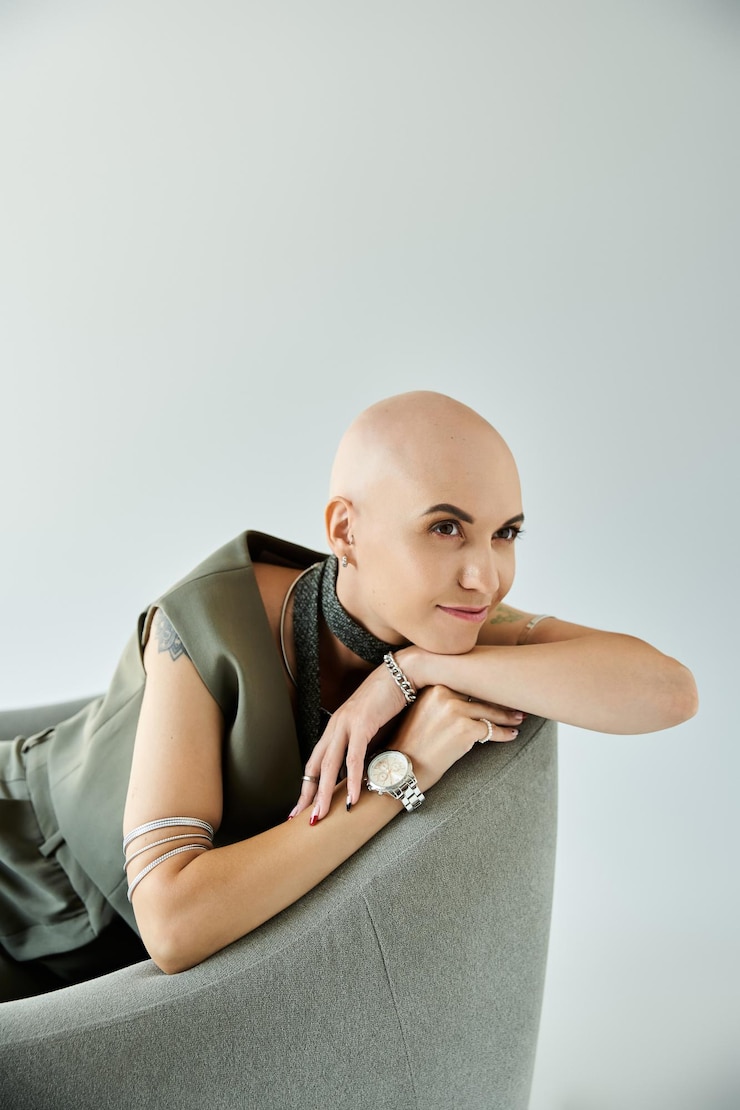 Foto uma jovem com alopecia posa graciosamente em um cenário minimalista, exalando confiança e beleza