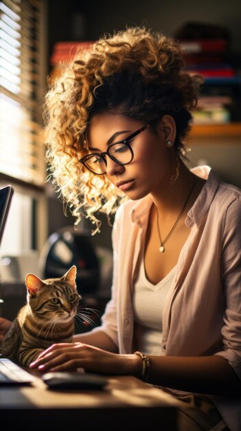 Foto uma jovem com cabelo encaracolado e óculos está trabalhando em seu laptop enquanto um gato olha