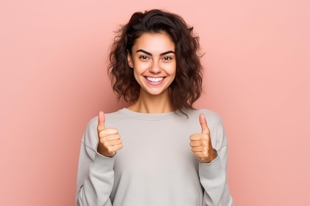 Uma jovem com cabelo encaracolado está dando um polegar para cima e sorrindo.