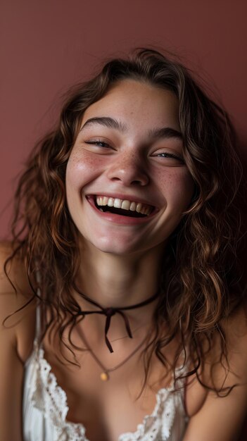 Uma jovem com cabelo encaracolado está sorrindo.