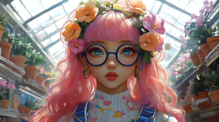 Foto uma jovem com cabelos cor-de-rosa e flores no cabelo em uma estufa