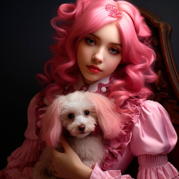 Uma jovem com cabelos cor-de-rosa segura um cão com pelagem rosa em suas mãos glamour