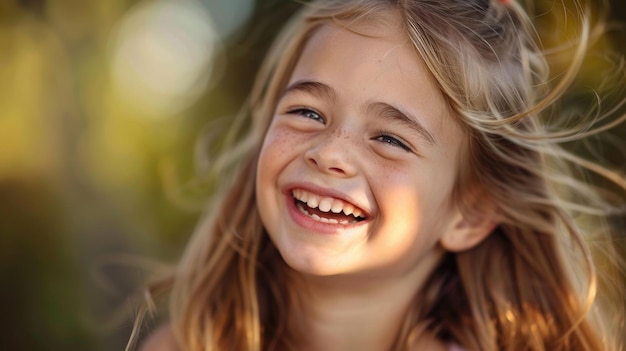 Uma jovem com cabelos loiros está sorrindo e rindo Ela tem um grande sorriso no rosto e seus olhos estão abertos