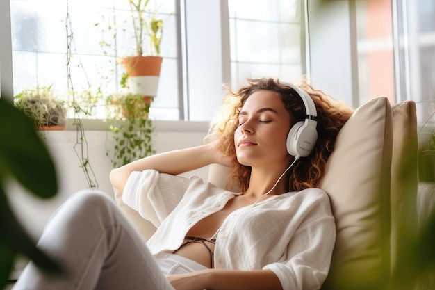 Uma jovem com fones de ouvido ouvindo música enquanto relaxa em um sofá branco em uma vida moderna