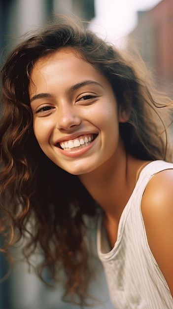 uma jovem com longos cabelos castanhos sorrindo.