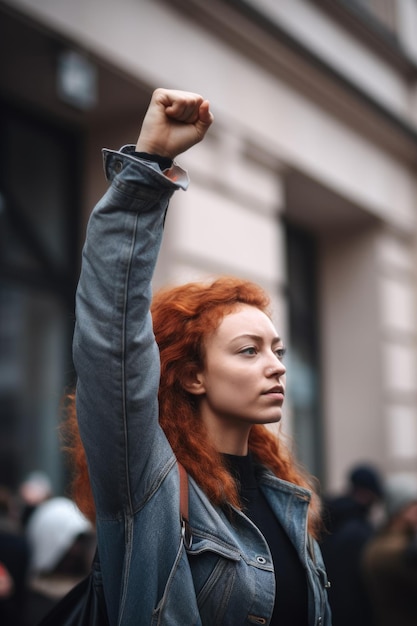 Uma jovem com o punho levantado enquanto protestava do lado de fora de um prédio criado com IA generativa