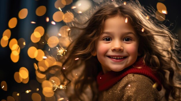 Foto uma jovem com olhos azuis brilhantes e um sorriso caloroso usa um chapéu de inverno com luzes cintilantes cercada por uma atmosfera mágica de luzes bokeh douradas