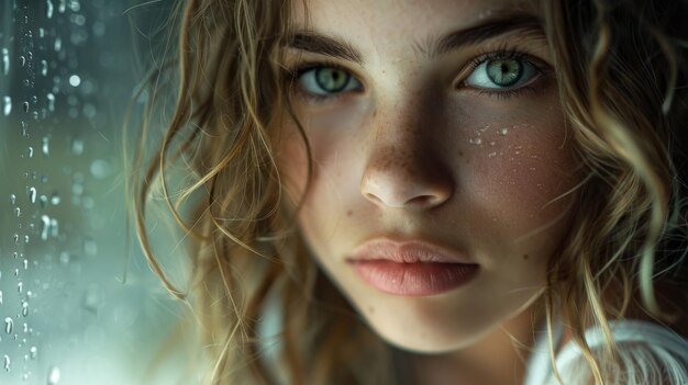 Uma jovem com olhos verdes olhando por uma janela cheia de chuva