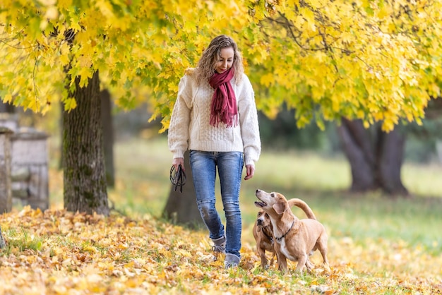 Uma jovem com roupa de outono está passeando com dois cachorros no parque