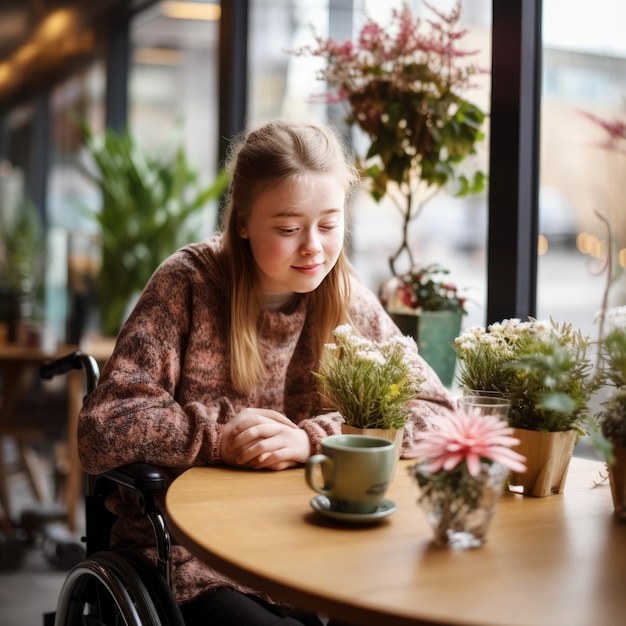 Uma jovem com síndrome de Down tomando café em uma mesa de café, cercada de flores vibrantes e plantas exuberantes