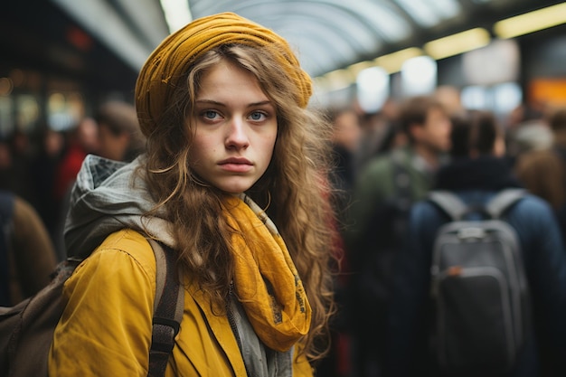 uma jovem com um lenço amarelo de pé na frente de uma multidão