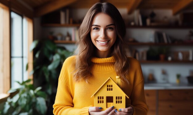 Foto uma jovem com um modelo de casa a planear comprar a sua casa.