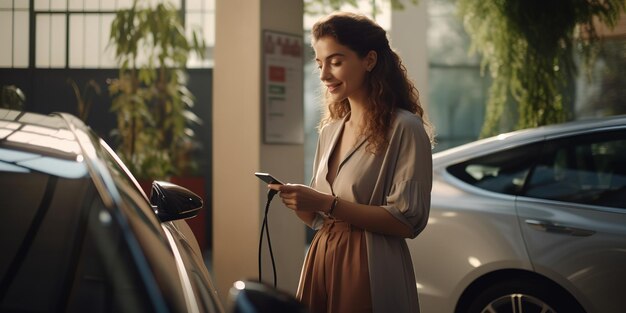 Uma jovem com um smartphone espera enquanto seu carro elétrico está carregando