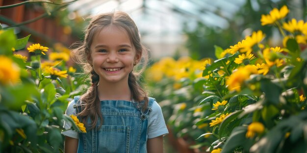 Uma jovem com um sorriso radiante está em meio a uma estufa exuberante cercada por flores amarelas vibrantes capturando um momento de inocência e deleite na natureza