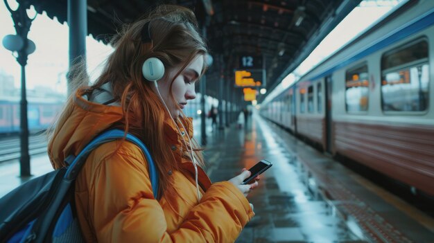 Uma jovem com um telemóvel e fones de ouvido no aeroporto