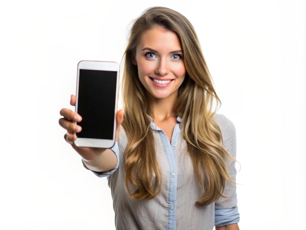 Foto uma jovem com um telemóvel para promoção e muito feliz