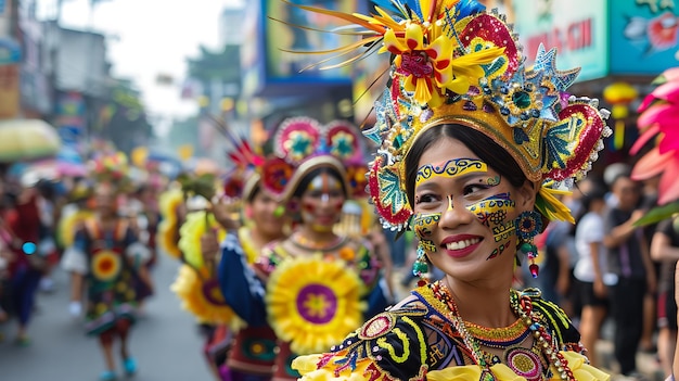 Uma jovem com um tocado colorido e vestido tradicional sorri durante um festival