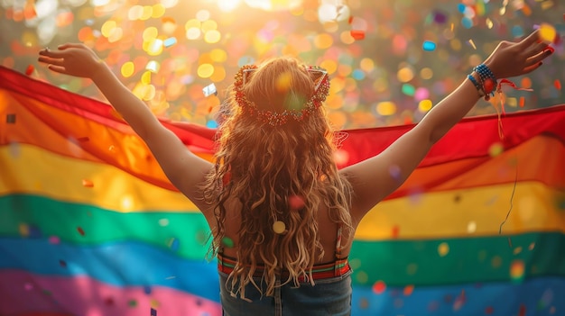 Foto uma jovem com uma bandeira arco-íris participa do festival da comunidade lgbt