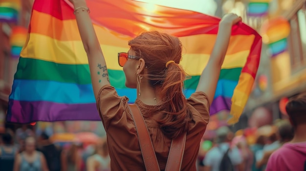 Uma jovem com uma bandeira arco-íris participa do festival da comunidade LGBT