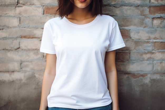 Uma jovem com uma camiseta branca em branco em pé contra um fundo de tijolos, uma maquete de camiseta feminina