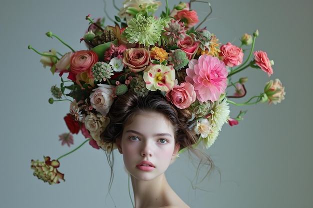 Uma jovem com uma coroa de flores na cabeça As flores são cor-de-rosa e brancas