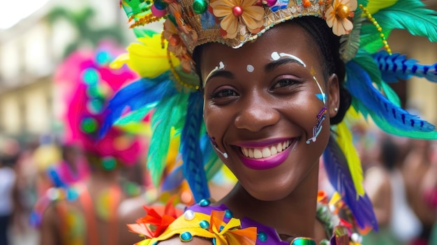 Foto uma jovem com uma expressão alegre e um traje de carnaval está dançando em um desfile