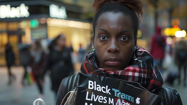 Foto uma jovem com uma expressão séria no rosto está segurando um letreiro que diz black trans lives matter