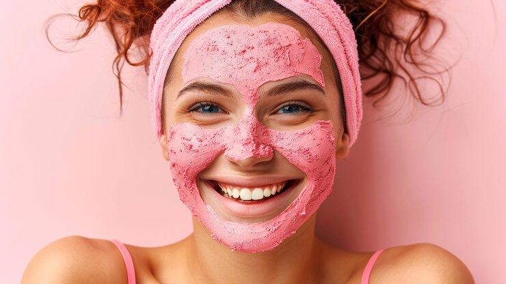 Foto uma jovem com uma faixa de toalha rosa e uma máscara de rosto rosa vibrante