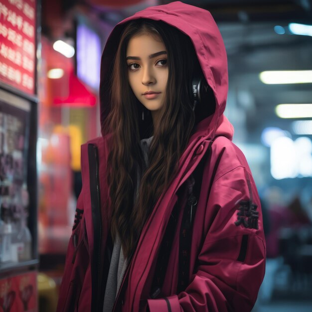 Foto uma jovem com uma jaqueta rosa em frente a uma loja