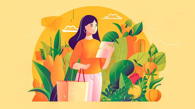 uma jovem com uma lista de compras na mão compra frutas e legumes orgânicos no mercado