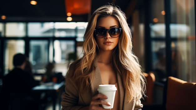 Uma jovem com uma xícara de café na mão