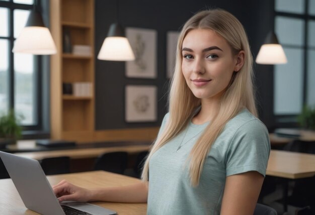 Uma jovem concentrada trabalhando em seu laptop em um escritório moderno bem iluminado ela é a imagem de