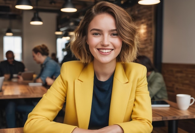 Uma jovem confiante em um blazer amarelo impressionante senta-se em uma mesa de café seu sorriso brilhante e