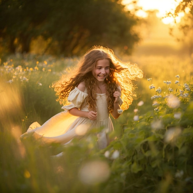 Uma jovem corre por um campo de flores.