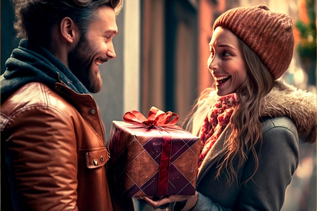 Uma jovem dando um presente para seu namorado no dia dos namorados Generative AI