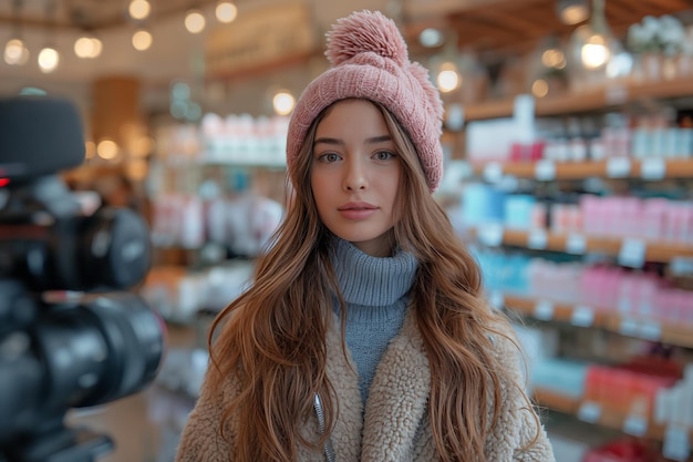 Uma jovem de 30 anos filma um videoblog Anda pela loja e mostra cosméticos