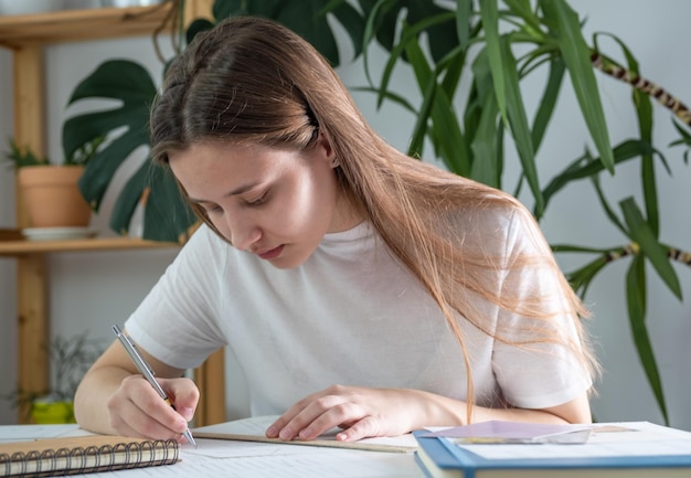 Uma jovem de aparência europeia faz lição de casa na universidade escolar A menina estuda diligentemente em casa em uma mesa branca Fotografia em tons claros no interior de uma casa
