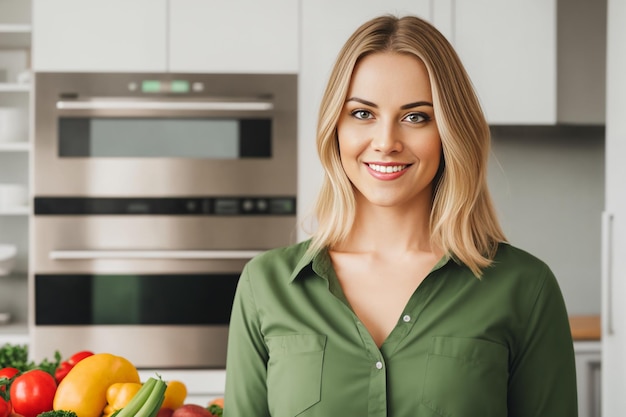 Uma jovem de avental prepara uma comida saudável de vegetais na cozinha