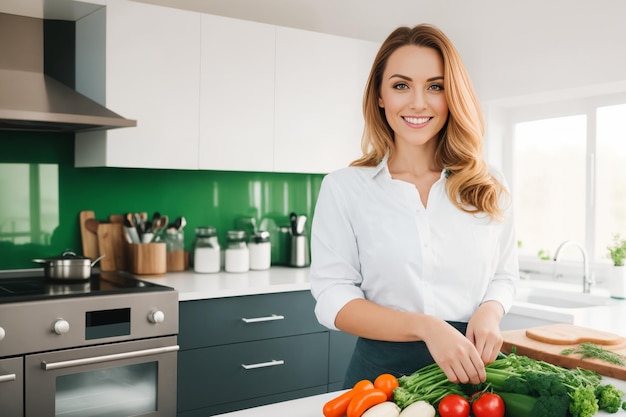 Uma jovem de avental prepara uma comida saudável de vegetais na cozinha