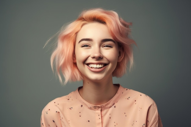 Uma jovem de cabelo cor de pêssego e camisa rosa sorri e sorri.
